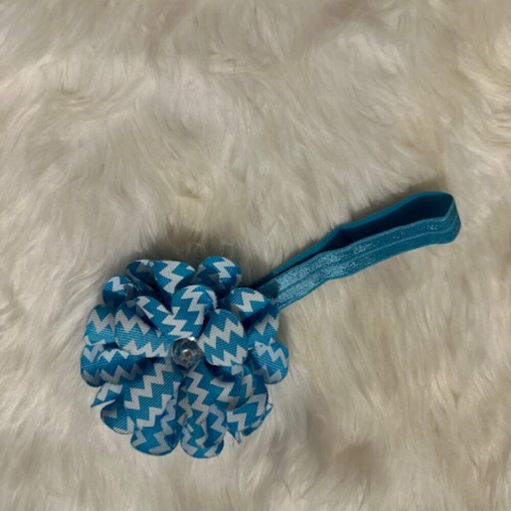 Aqua Chevron Ribbon Flower with Rhinestone on FOE Headband  7485  Handmade NWT